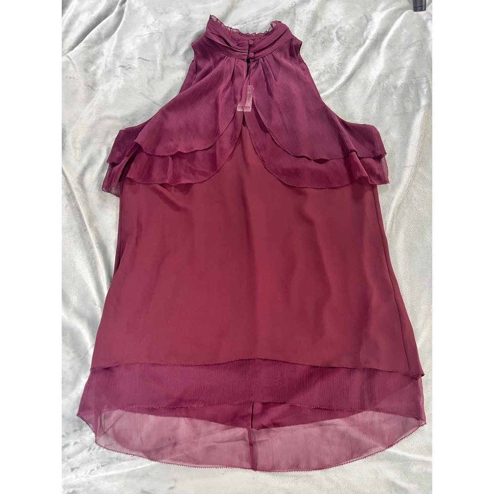 WHBM Sleeveless High Neck Keyhole Ruffle Layered Blouse Tunic NWT Burgundy Sz 4